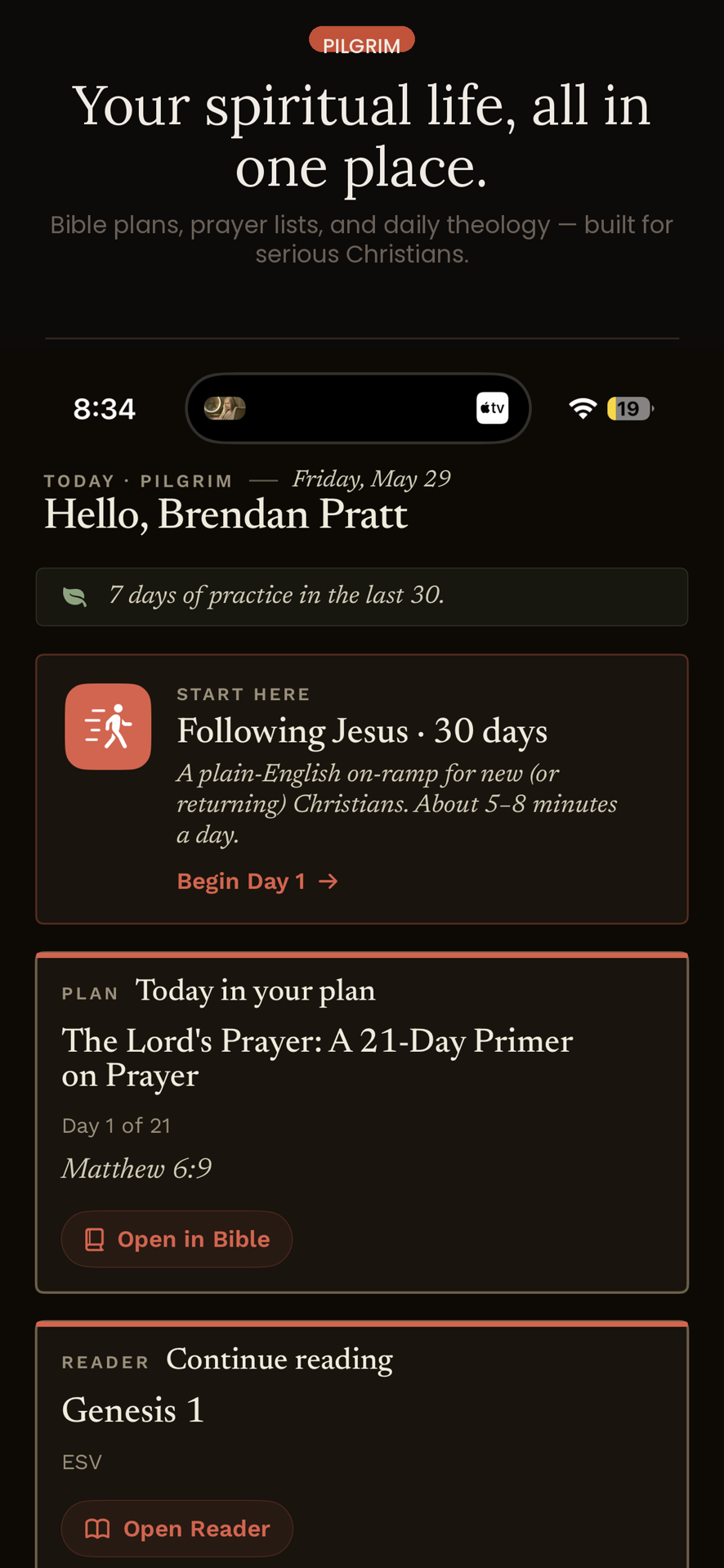 Pilgrim home — your spiritual life in one place