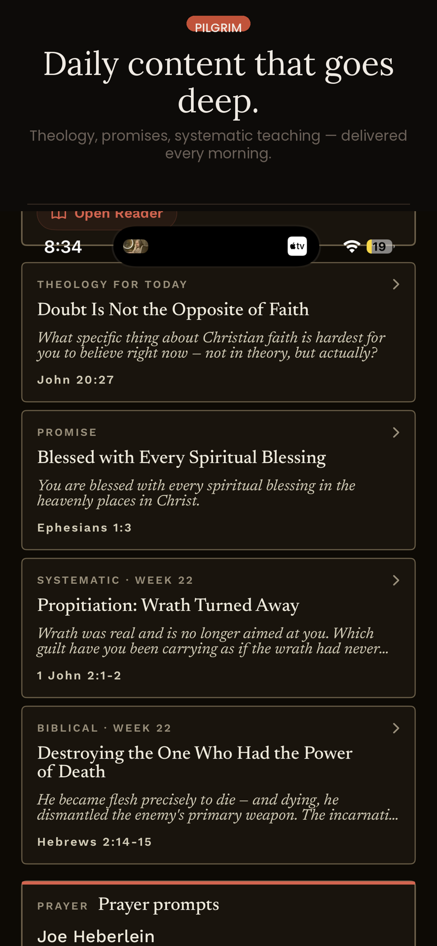 Pilgrim daily home screen